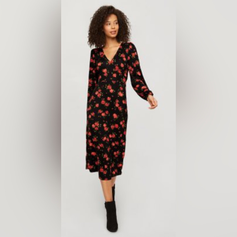 Miss Selfridge rose print midi dress in black, size 6